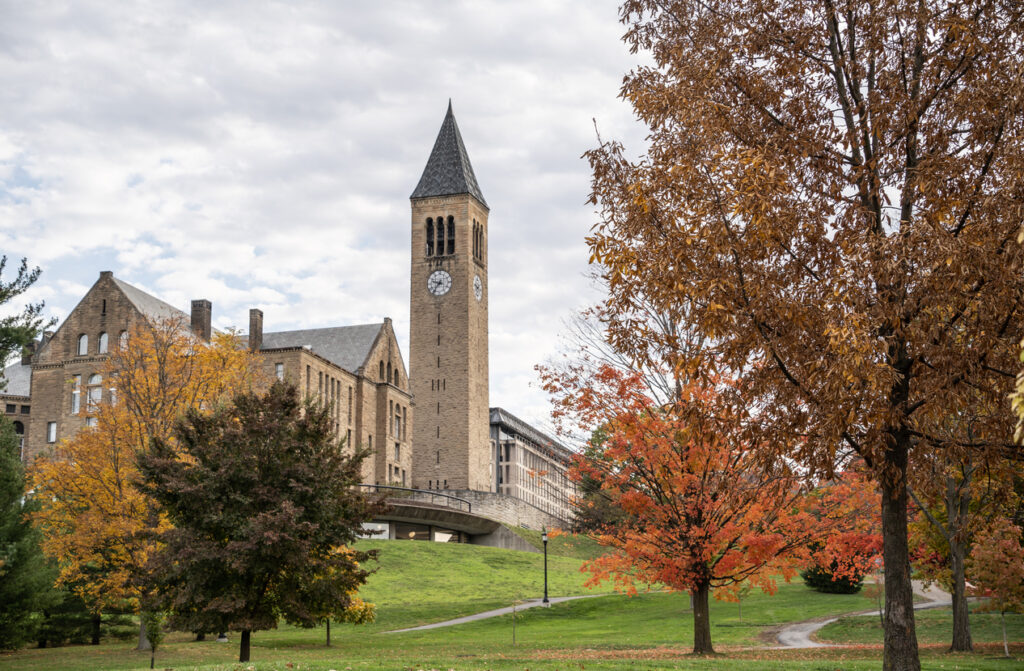 View of McGraw Clock Tower at Cornell University surrounded by autumn trees.